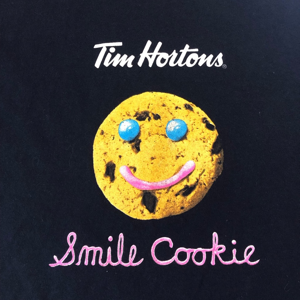 Tim Hortons “Smile Cookie” Staff T-shirt Tee Double Sided Men’s XL Navy Blue
